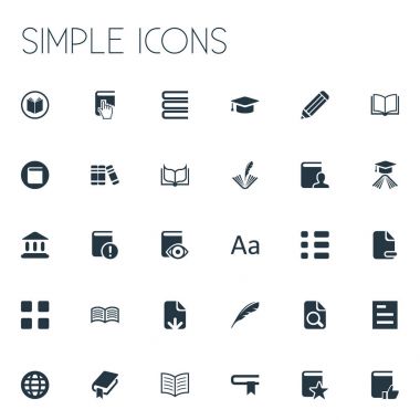 Vektör çizim basit eğitim simgeler kümesi. Kitap, tüy, inşaat ve diğer eş anlamlı satır, yazma ve tüy elemanları tercih.