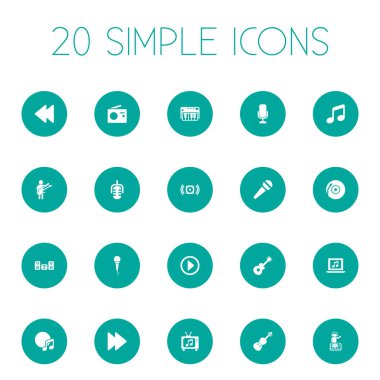 Vektör çizim basit simgeler kümesi. Öğeleri melodi, konuşma, mikrofon ve diğer eş keman, oyun ve melodi.