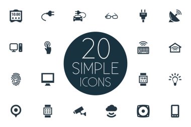 Vektör çizim basit Internet simge kümesi. Öğeleri soket, akıllı izle, ampul ve diğer eş anlamlı hoparlör Muhafazası ve bağlantı.