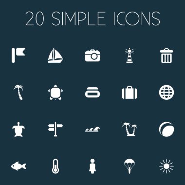 Vektör çizim basit Seaside simgeler kümesi. Öğeleri bavul, deniz ürünleri, paraşüt atlama ve diğer eş anlamlı ağaç çöp kovası ve gemi.