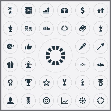 Vektör çizim basit şampiyon simgeler kümesi. Öğeleri zafer, askeri madalyon, profil ve diğer eş anlamlı para yuvarlak ve ödül.