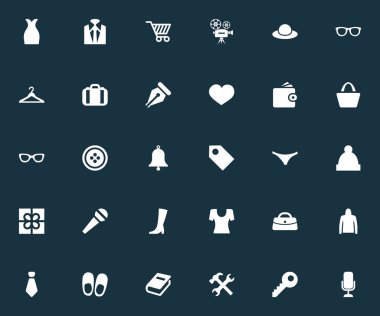 Vektör çizim basit ekipman simgeler kümesi. Öğeleri el, iç çamaşırı, parola ve diğer eş anlamlı Cravat giysi ve Bagaj.