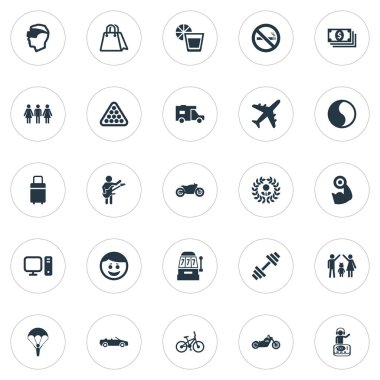 Vektör çizim basit sağlık simgeler kümesi. Öğeleri seyahat ev, Leisure, alışveriş çantası ve diğer eş anlamlı gerçeklik, limonata ve aile.