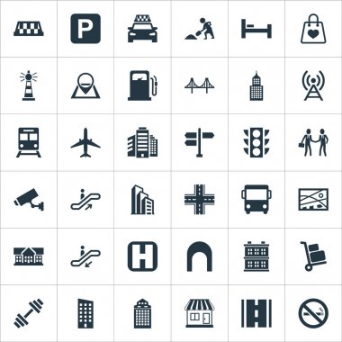 Vektör çizim basit altyapı simgeler kümesi. Öğeleri tramvay, benzin istasyonu, yasak ve diğer eş anlamlı Bagaj, Office ve taksi.