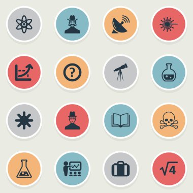 Vektör çizim basit bilgi simgeler kümesi. Öğeleri Atom, kitap, evrak ve diğer eş anlamlı durumda, rapor ve kar tanesi.