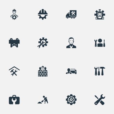 Vektör çizim basit sabitleme simgeler kümesi. Öğeleri, tamir aletleri, uzman ve diğer eş anlamlı garaj atölye ve bariyer.