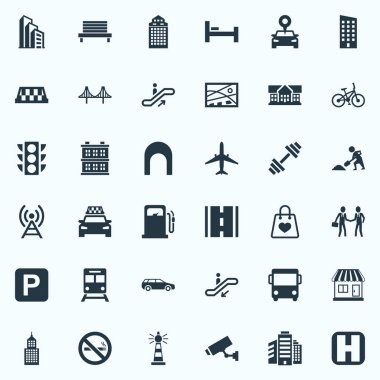 Vektör çizim basit altyapı simgeler kümesi. Öğeleri Kiosk, merdiven, Autobus ve diğer eş anlamlı taksi, ip ve bağlantı.