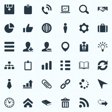 Vektör çizim basit etkileşim simgeler kümesi. Öğeleri ders kitabı, diyagram, anlaşma ve diğer eş anlamlı kravat, çöp ve el sıkışma.