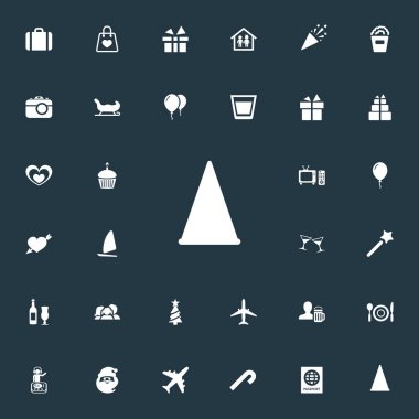 Vektör çizim basit tatil simgeler kümesi. Öğeleri sürpriz, el çantası eş anlamlı sevinç, Yatçılık, kalp ve bira.