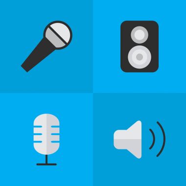 Vektör çizim basit simgeler kümesi. Öğeleri mikrofon, hoparlör, ses gücü ve diğer eş anlamlı amplifikatör, hoparlör ve yapmak.