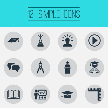 Vektör çizim basit seminer simgeler kümesi. Öğeleri hayal, tartışma, eğitim ve diğer eş anlamlı kazanan ölçüm ve okul.