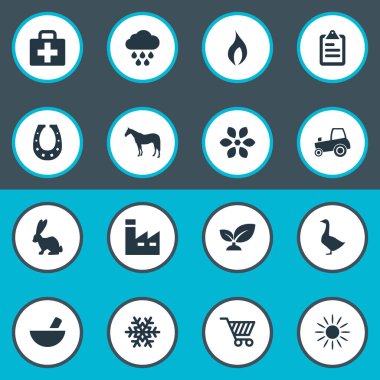 Vektör çizim basit hasat simgeler kümesi. Öğeleri şans tılsımı, üretimi, kümes hayvanları ve diğer eş kaz, at nalı ve toprak.