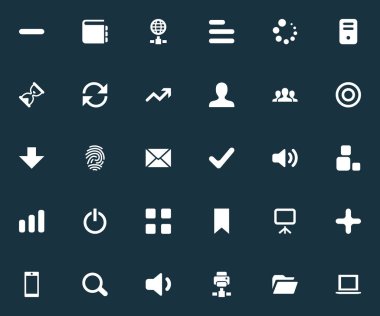 Vektör çizim basit uygulama simgeler kümesi. Öğeleri küp, hedef, yeniden yükle ve diğer eş anlamlı ok, dokunmatik ekran ve listesi.