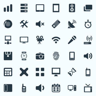 Vektör çizim basit dijital simgeler kümesi. Fotoğraf çekme elemanları, tarihi, Karaoke ve diğer eş anlamlı kum saati telefon ve Disk.