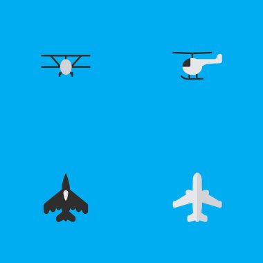 Vektör çizim basit uçak simgeler kümesi. Öğeleri, araç uçan helikopter, uçak ve diğer eş anlamlı uçak, tekne ve uçak.