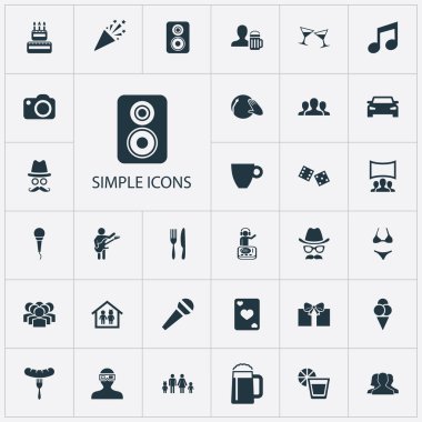 Vektör çizim basit kutlama simgeler kümesi. Öğeleri kokteyl, maskeli balo, Dj ve diğer eş disko, kokteyl ve takım.