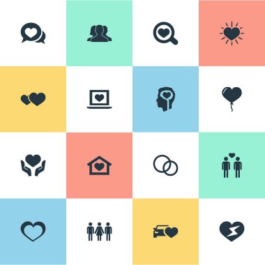 Vektör çizim basit düğün simgeler kümesi. Düğün, öğeleri Laptop, kalp ve diğer eş anlamlı Hearth Laptop ve bina.