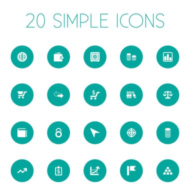 Vektör çizim basit finansal simgeler kümesi. Öğeleri kasa, çizgi grafiği, güvenlik ve diğer eş anlamlı kilit iş ve indirim.