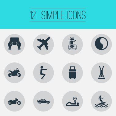 Vektör çizim basit sağlık simgeler kümesi. Öğeleri sörfçü, spor bisiklet, Scooter ve diğer eş tutarak, Rüzgar Sörfü ve uçak.