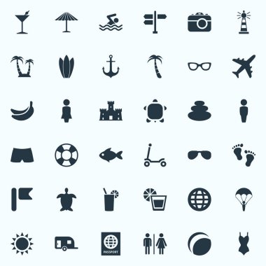 Vektör çizim basit Seaside simgeler kümesi. Öğeleri yaz eğlenceli, gözlük, tropikal meyve ve diğer eş anlamlı Havuzu, deniz ve Lotus.