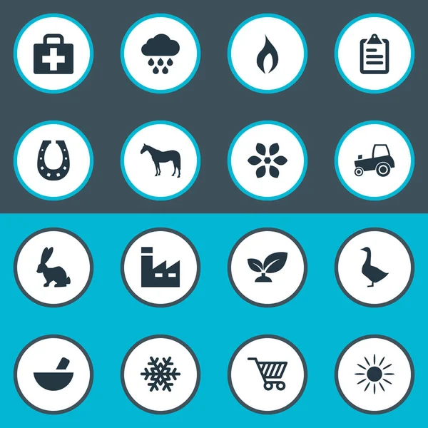 Vektör çizim basit hasat simgeler kümesi. Öğeleri şans tılsımı, üretimi, kümes hayvanları ve diğer eş kaz, at nalı ve toprak.