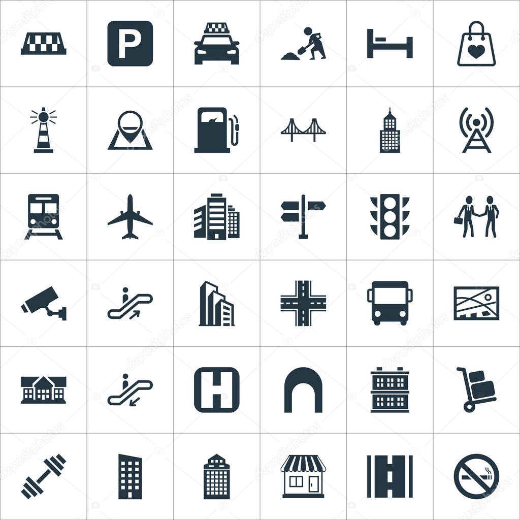 Vector Illustration Set Of Simple Infrastructure Icons. Elements Tram, Petrol-Station, Forbidden And Other Synonyms Luggage, Office And Taxicab.