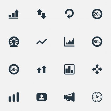 Vektör çizim basit şema simgeler kümesi. Öğeleri megafon, grafik, yüzde ve diğer eşanlamlı seksen, hoparlör ve satır.