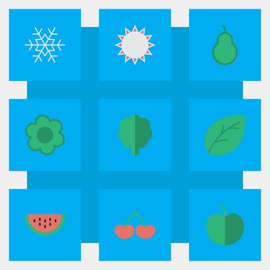 Vektör çizim basit Bahçe Bitkileri simgeler kümesi. Öğeleri sayfa, Berry, ahşap ve diğer eş anlamlı Apple, kar tanesi ve güneşli.