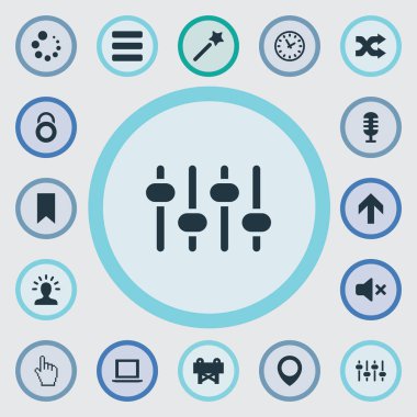 Vektör çizim basit arayüzü simgeler kümesi. Öğeleri sessizlik, indirme, mikrofon ve diğer eş anlamlı yer imi, Karaoke ve yükleme.