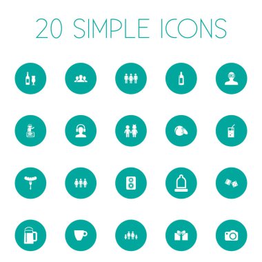 Vektör çizim basit kutlama simgeler kümesi. Öğeleri çocuklar, suyu, şişe ve diğer eş anlamlı cihazları, sürpriz ve arkadaşları.