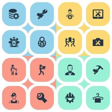 Vektör çizim basit yardımcı simgeler kümesi. Öğeleri mühendis, dişli, teslimat işçi ve diğer eş anlamlı Gadget, dişli ve klasör.