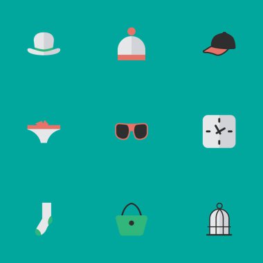 Vektör çizim basit araç simgeler kümesi. Öğeleri şapkalar, kadın çantası, zaman ve diğer eş anlamlı çorap, gözlük ve Fedora.