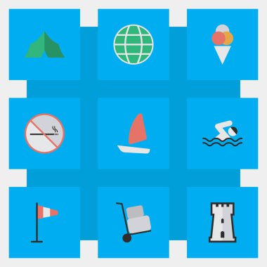 Vektör çizim Set basit simgeler sakin ol. Kamp elemanları, tekne, kule ve diğer eş anlamlı yelkenli, bayrak ve el.