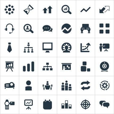Vektör çizim basit sunu simgeler kümesi. Öğeleri fotoğraf makinesi aygıt, hedef ve diğer eş anlamlı sözcükleri, yönetim kurulu ve grup projelendirme,.