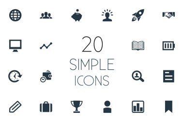 Vektör çizim basit başlangıç simgeler kümesi. Öğeleri flama, pil, analitik ve diğer eş anlamlı sözcükler dergisi, m-cüzdan ve çanta.