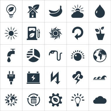 Vektör çizim basit bir güç simgeler kümesi. Öğeleri birim, damlacık, hava durumu ve diğer eş anlamlı Bin sanayi ve tropikal.