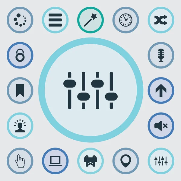 Vektör çizim basit arayüzü simgeler kümesi. Öğeleri sessizlik, indirme, mikrofon ve diğer eş anlamlı yer imi, Karaoke ve yükleme.