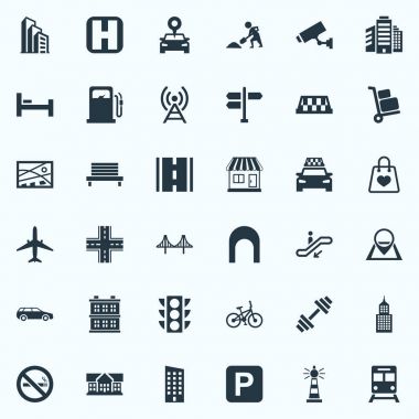 Vektör çizim basit kentsel simgeler kümesi. Öğeleri Araba, yürüyen merdiven, yatak ve diğer eş anlamlı Enstitüsü, harita ve Cityscape.