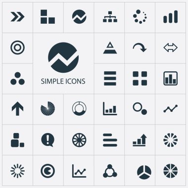 Vektör çizim basit grafik simgeler kümesi. Öğeleri hedef, çizgi grafiği, pasta Bar ve diğer eş yardım, sunum ve işlem.