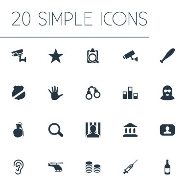 Vektör çizim basit suç simgeler kümesi. Öğeleri kulak misafiri, nakit, kilit ve diğer eş anlamlı kelepçe, şırınga ve arama.