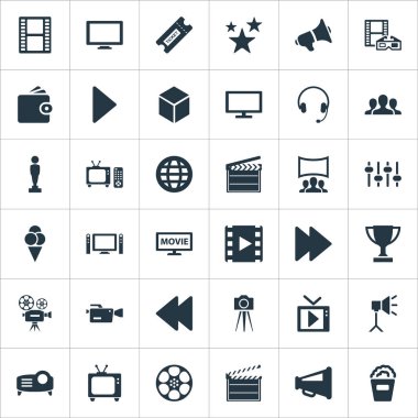 Vektör çizim basit sinema simgeler kümesi. Öğeleri Reel, ekran, Oscar ve diğer eş anlamlı Studio film ve sabitleyici.