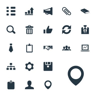 Vektör çizim basit konferans simgeler kümesi. Öğeleri raptiye, not defteri, ders kitabı ve diğer eş anlamlı personel kravat ve Pin.