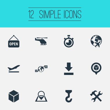 Vektör çizim basit sistematizasyonu simgeler kümesi. Öğeleri kutusu, helikopter, yenileme ve diğer eş anlamlı gezinti adres ve harita.