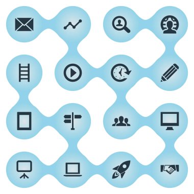 Vektör çizim basit ekip çalışması simgeler kümesi. Öğeleri sunusu, bilgisayar, şirket ve diğer eş anlamlı Tablet, roket ve bilgisayar.