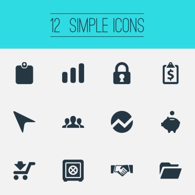 Vektör çizim basit yatırım simgeler kümesi. Öğeleri kumbara, kimlik doğrulama, belgeleri ve diğer eş anlamlı iş, birlik ve dosya.