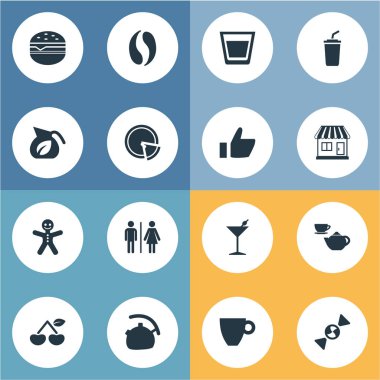 Vektör çizim basit içecek simgeler kümesi. Öğeleri güler yüzlü, Martini, Cafe ve diğer eş anlamlı kiraz, Martini ve su ısıtıcısı.