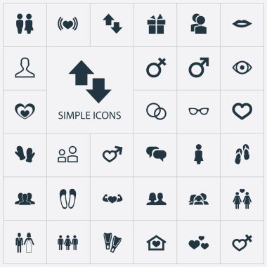 Vektör çizim basit severler simgeler kümesi. Öğeleri beyefendi, arkadaşlar, adam sembol ve diğer eş anlamlı iki bayan ve sağlık.