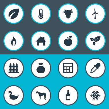 Vektör çizim basit tarım simgeler kümesi. Öğeleri Jonagold, pipet, hesap makinesi ve diğer eş anlamlı bitki Jonagold ve Don.