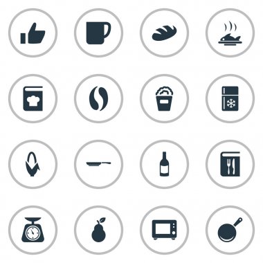 Vektör çizim basit pişirme simgeler kümesi. Öğeleri defterini, Kupası, tartı ve diğer eş anlamlı tencere, fırın ve armut.