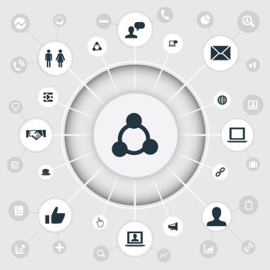 Vektör çizim basit Medya simgeler kümesi. Öğeleri Web kullanıcı, ortam denetimi, defter ve diğer eş anlamlı kişisel, el sıkışma ve medya.